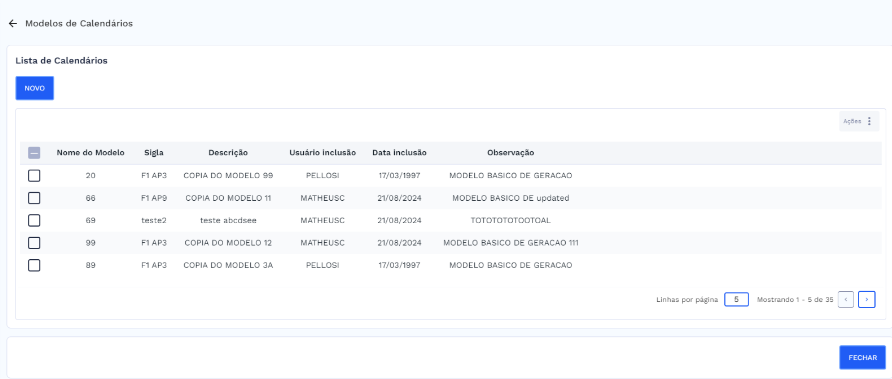 Lista de modelos de calendários
