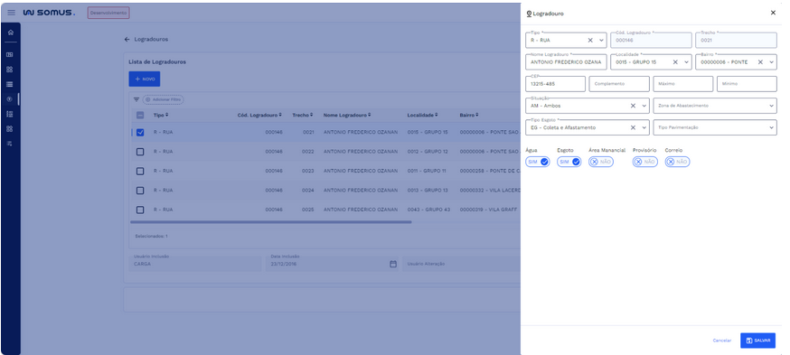 Cadastro logradouro em modo edição