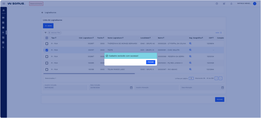Caixa de diálogo: Cadastro excluído com sucesso
