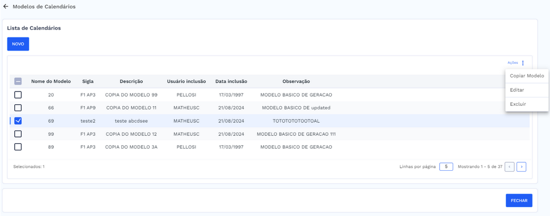 Tela com a lista de modelos de calendários e botão de ações
