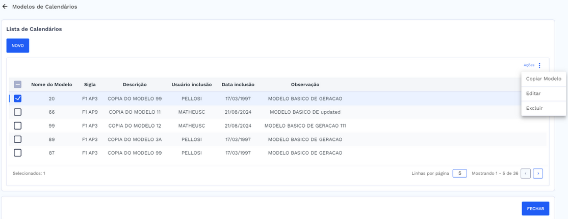 Tela com a lista de modelos de calendários e botão de ações