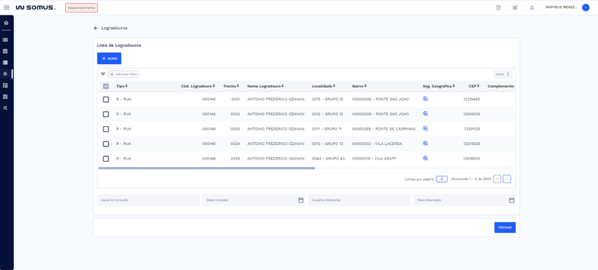 Lista de Logradouros cadastrados