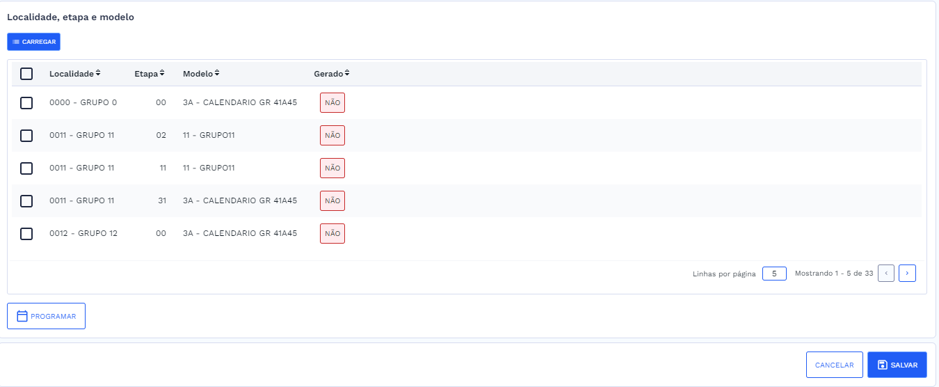 Localidade, etapa e modelo - Tabela preenchida