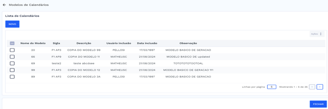 Tela com a lista de modelos de calendários e botão de cadastro
