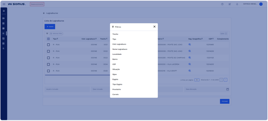 Filtros disponíveis