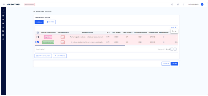 Ação disponível para Transferência de UCs