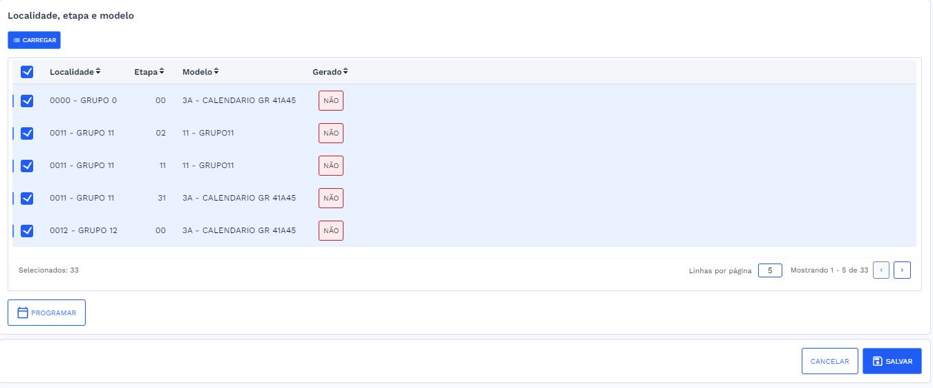 Localidade, etapa e modelo - Tabela preenchida e selecionada