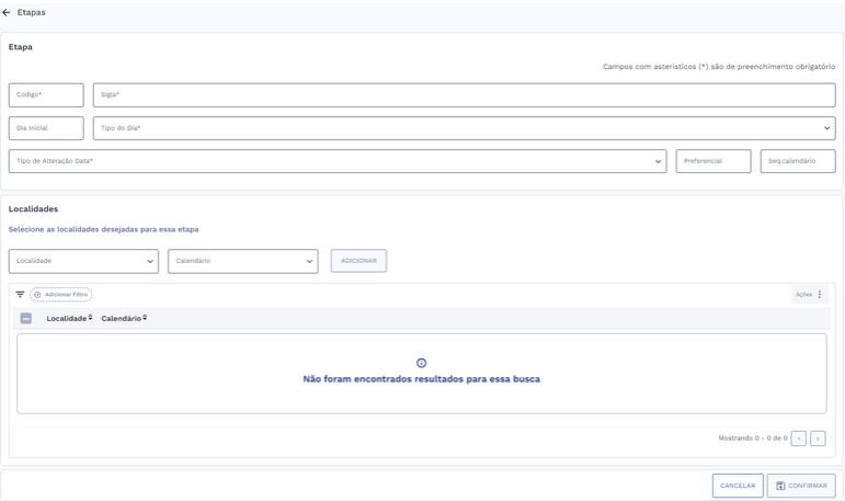 Tela de cadastro de etapas